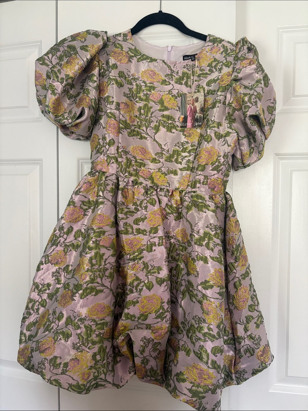 🆕💐 SISTER JANE Green/Pink Floral Metallic Jacquard Bubble Mini Dress // (NWT)